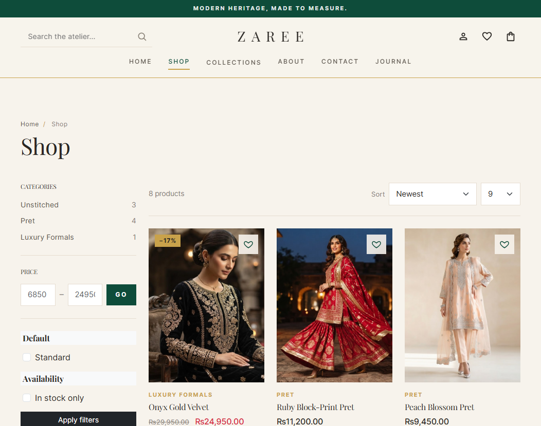 Screenshot of the Zaree demo storefront shop page — a product grid of embroidered and formal wear with PKR prices, category filters and a min/max price filter.