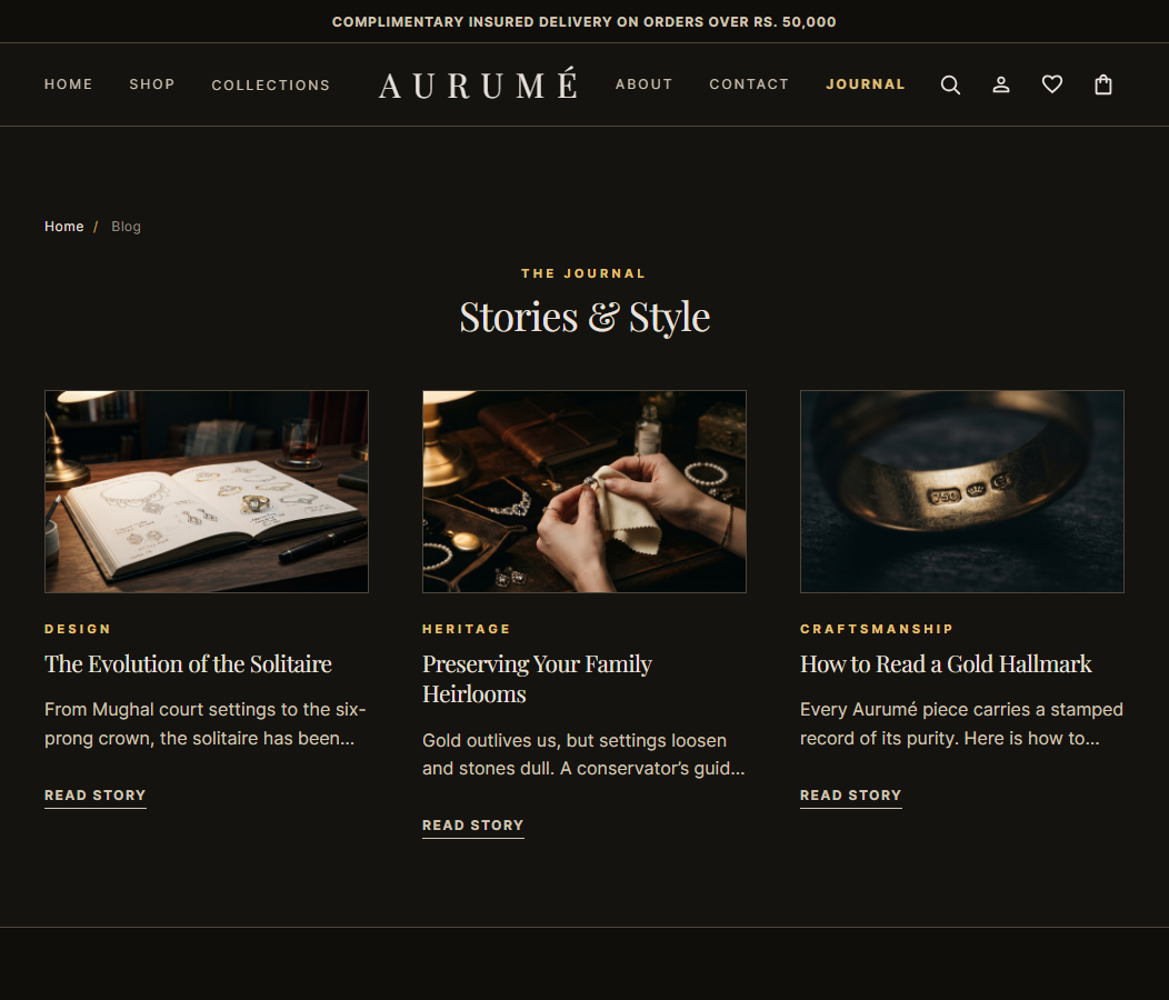 Screenshot of the Aurumé demo storefront journal page — a dark, editorial blog layout with featured articles and a newsletter signup.