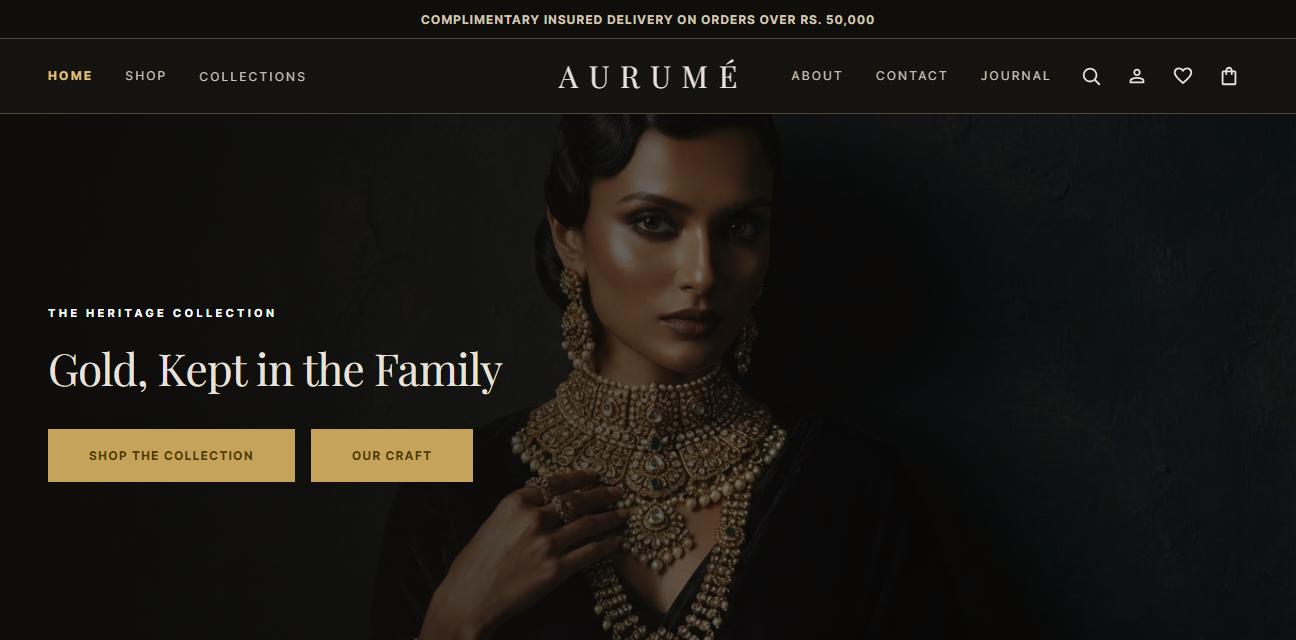 Screenshot of the Aurumé demo storefront home page — a dark, editorial jewelry theme with a hero banner and navigation for Home, Shop, Collections, About, Contact and Journal.